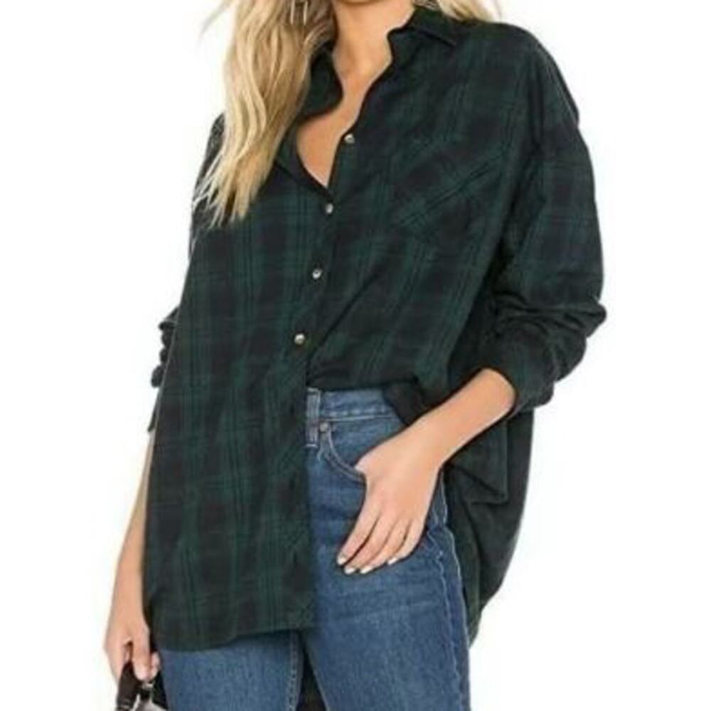 Cabi Women's Big Sur Long Sleeve Flannel Button Up Top Blue Green Tartan Plaid